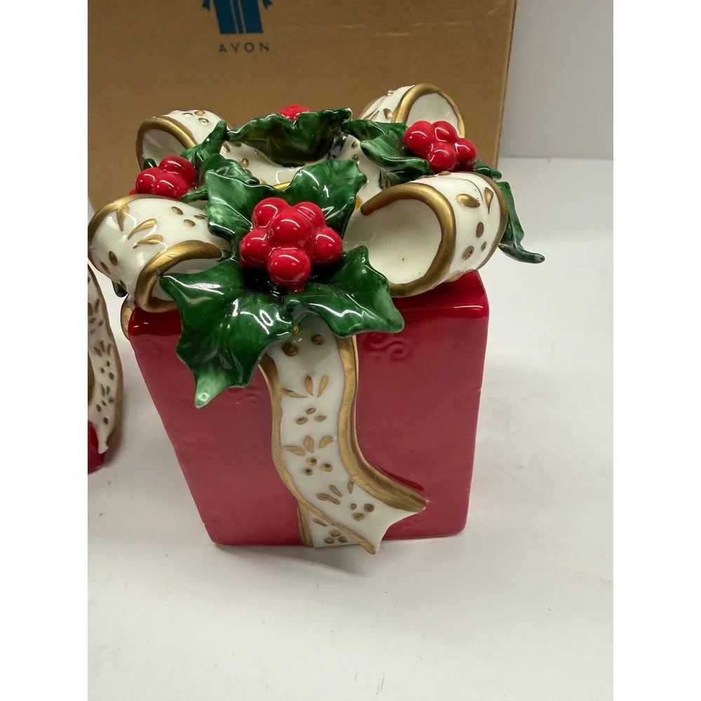 Avon Gift Collection Christmas Gift Box Taper Candle Holders Set of 2 Red Holly